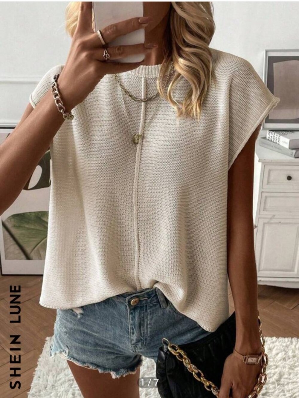 Women Summer Batwing Sleeve Solid Color Casual Sweater Vest Cream Size L NEW